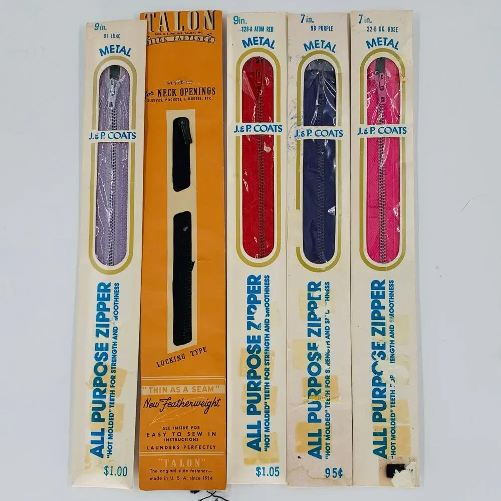JP Coats 9 inch Zippers Polyester Metal Multicolor Lot 5 Zippers All Purpose USA